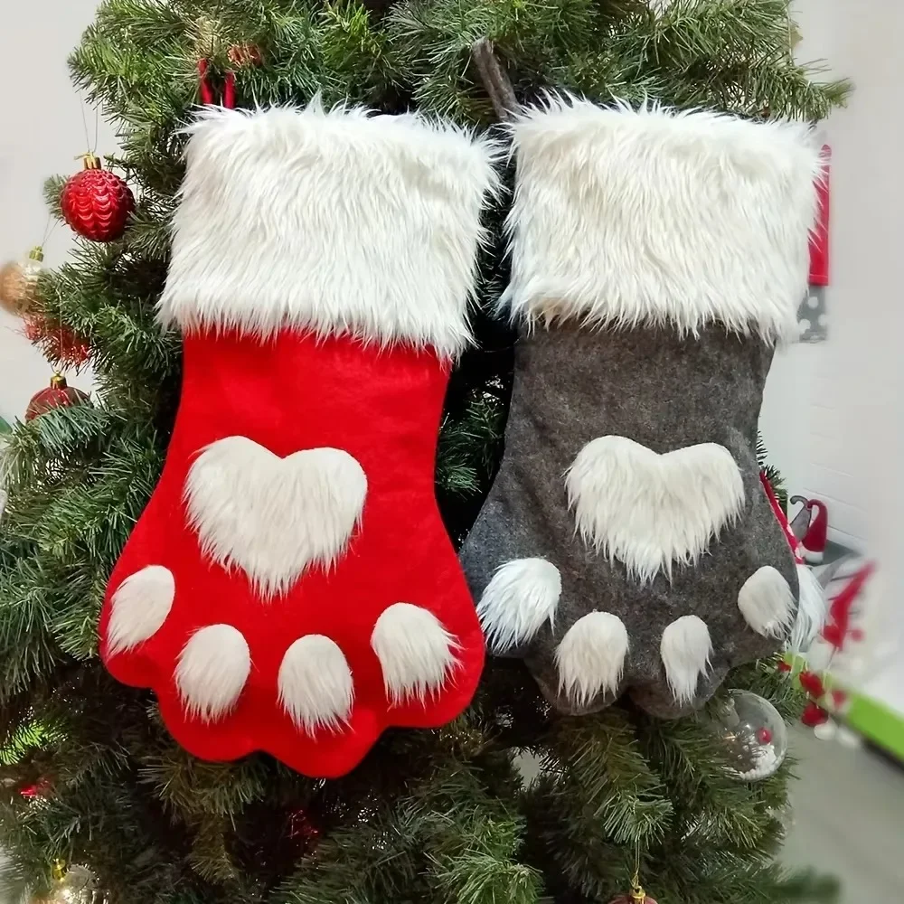Christmas Stocking Hanging - Weihnachtsstrümpfe mit Pfotenabdruck, Kunstfellmanschette, Weihnachtssocken-Geschenktüte zum